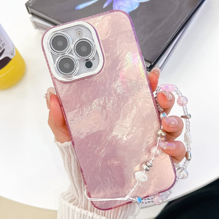 For iPhone 16 Pro Max Plating Glitter Texture Chain Wristband TPU Phone Case with Lens Film(Pink Tinfoil Texture) by buy2fix