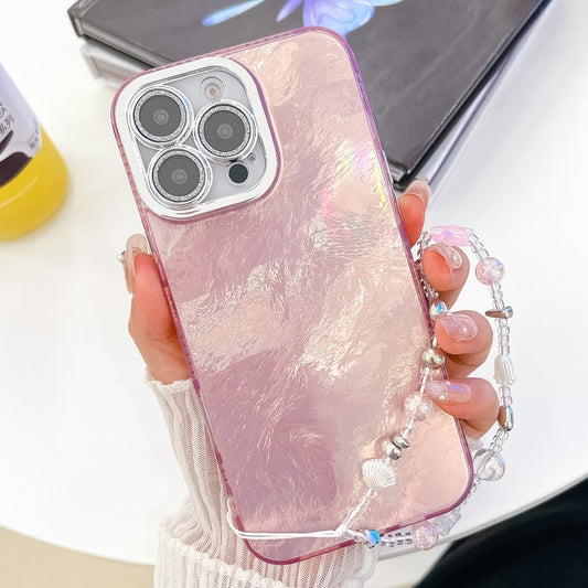 For iPhone 16 Pro Max Plating Glitter Texture Chain Wristband TPU Phone Case with Lens Film(Pink Tinfoil Texture) by buy2fix