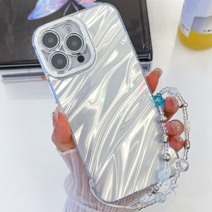 For iPhone 16 Pro Plating Glitter Texture Chain Wristband TPU Phone Case with Lens Film(White Water Ripples) by buy2fix