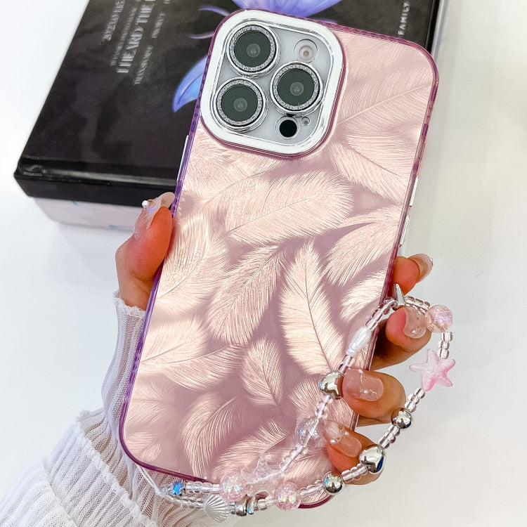 For iPhone 16 Pro Plating Glitter Texture Chain Wristband TPU Phone Case with Lens Film(Pink Feathers) by buy2fix