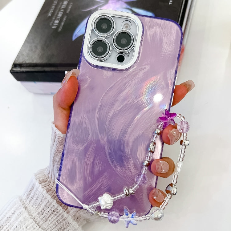 For iPhone 16 Pro Plating Glitter Texture Chain Wristband TPU Phone Case with Lens Film(Purple Feather Yarn) by buy2fix
