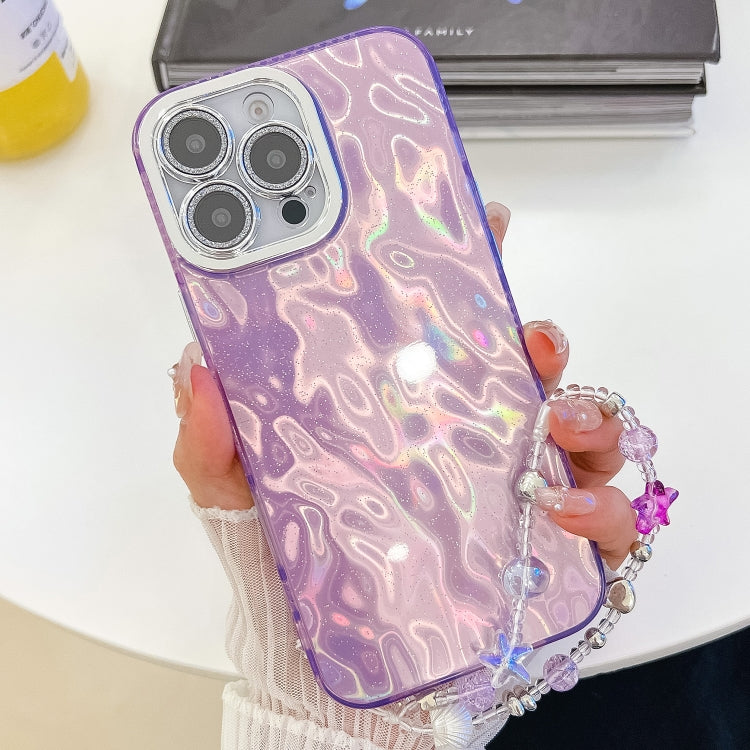 For iPhone 16 Pro Plating Glitter Texture Chain Wristband TPU Phone Case with Lens Film(Purple Wrinkles) by buy2fix
