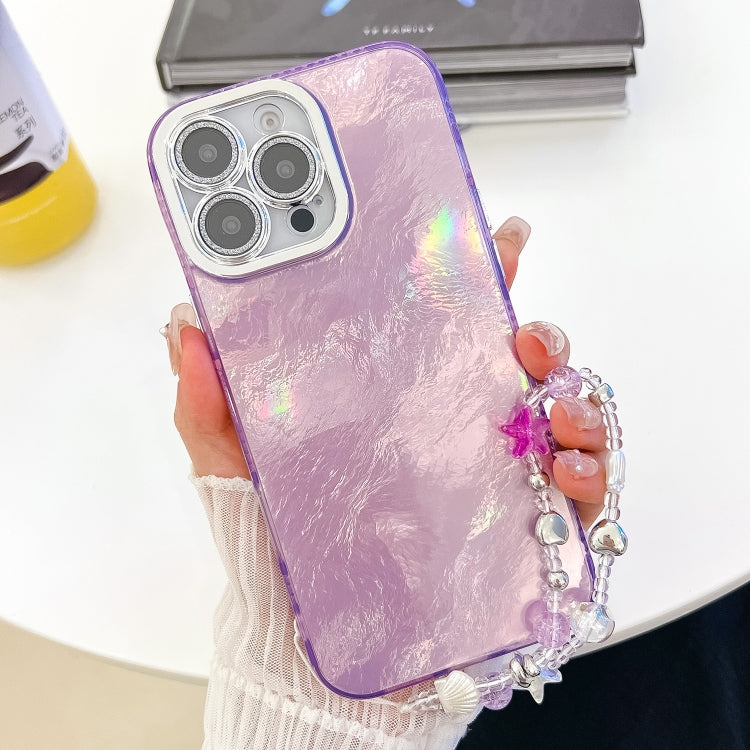For iPhone 16 Pro Plating Glitter Texture Chain Wristband TPU Phone Case with Lens Film(Purple Tinfoil Texture) by buy2fix