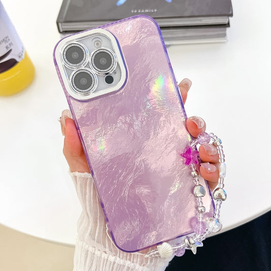 For iPhone 16 Pro Plating Glitter Texture Chain Wristband TPU Phone Case with Lens Film(Purple Tinfoil Texture) by buy2fix