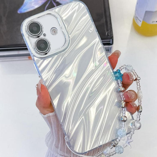 For iPhone 16 Plus Plating Glitter Texture Chain Wristband TPU Phone Case with Lens Film(White Water Ripples) - iPhone 16 Plus Cases by buy2fix | Online Shopping UK | buy2fix