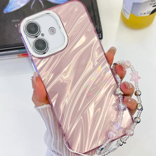 For iPhone 16 Plus Plating Glitter Texture Chain Wristband TPU Phone Case with Lens Film(Pink Water Ripples) - iPhone 16 Plus Cases by buy2fix | Online Shopping UK | buy2fix