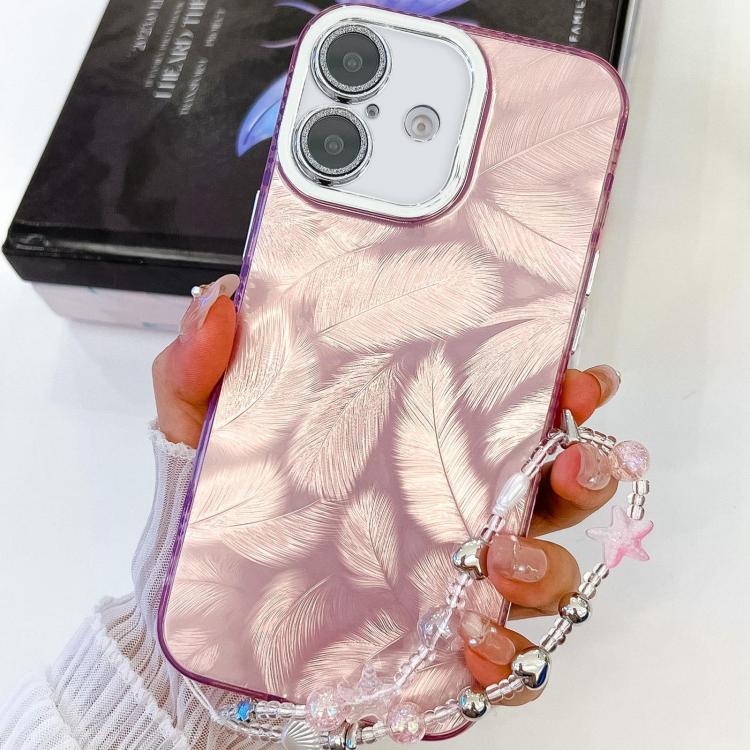 For iPhone 16 Plus Plating Glitter Texture Chain Wristband TPU Phone Case with Lens Film(Pink Feathers) - iPhone 16 Plus Cases by buy2fix | Online Shopping UK | buy2fix