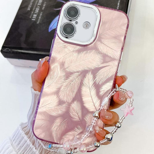 For iPhone 16 Plus Plating Glitter Texture Chain Wristband TPU Phone Case with Lens Film(Pink Feathers) - iPhone 16 Plus Cases by buy2fix | Online Shopping UK | buy2fix