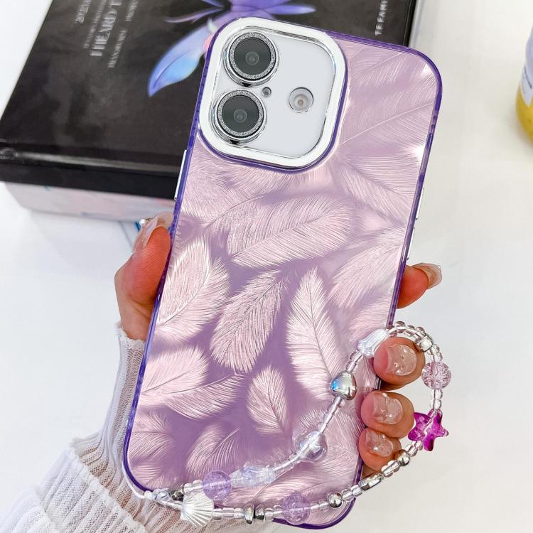 For iPhone 16 Plus Plating Glitter Texture Chain Wristband TPU Phone Case with Lens Film(Purple Feathers) - iPhone 16 Plus Cases by buy2fix | Online Shopping UK | buy2fix