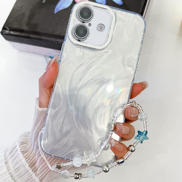 For iPhone 16 Plus Plating Glitter Texture Chain Wristband TPU Phone Case with Lens Film(White Feather Yarn) - iPhone 16 Plus Cases by buy2fix | Online Shopping UK | buy2fix