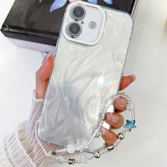 For iPhone 16 Plus Plating Glitter Texture Chain Wristband TPU Phone Case with Lens Film(White Feather Yarn) - iPhone 16 Plus Cases by buy2fix | Online Shopping UK | buy2fix