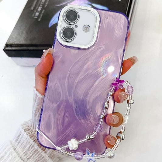 For iPhone 16 Plus Plating Glitter Texture Chain Wristband TPU Phone Case with Lens Film(Purple Feather Yarn) - iPhone 16 Plus Cases by buy2fix | Online Shopping UK | buy2fix