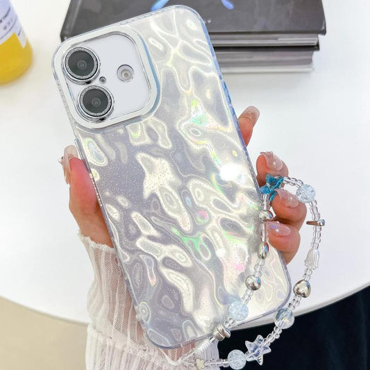For iPhone 16 Plus Plating Glitter Texture Chain Wristband TPU Phone Case with Lens Film(White Wrinkles) - iPhone 16 Plus Cases by buy2fix | Online Shopping UK | buy2fix