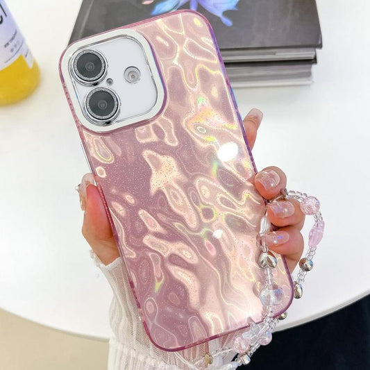 For iPhone 16 Plus Plating Glitter Texture Chain Wristband TPU Phone Case with Lens Film(Pink Wrinkles) - iPhone 16 Plus Cases by buy2fix | Online Shopping UK | buy2fix