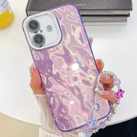 For iPhone 16 Plus Plating Glitter Texture Chain Wristband TPU Phone Case with Lens Film(Purple Wrinkles) - iPhone 16 Plus Cases by buy2fix | Online Shopping UK | buy2fix