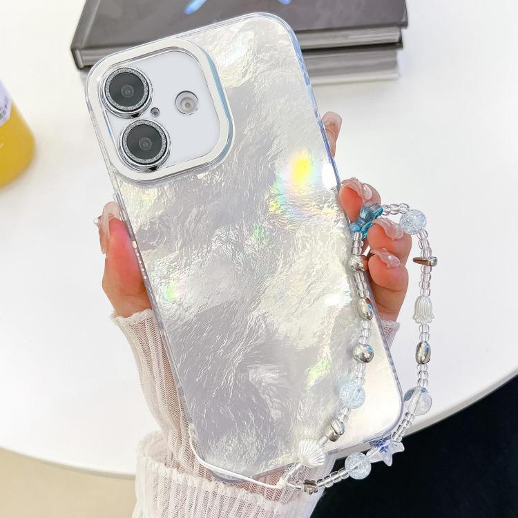 For iPhone 16 Plus Plating Glitter Texture Chain Wristband TPU Phone Case with Lens Film(White Tinfoil Texture) - iPhone 16 Plus Cases by buy2fix | Online Shopping UK | buy2fix