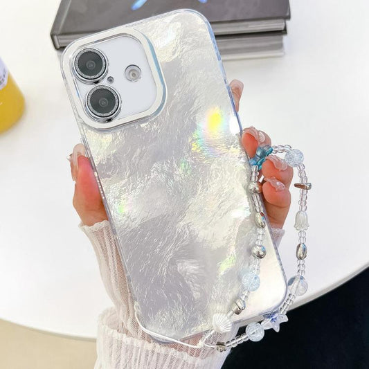 For iPhone 16 Plus Plating Glitter Texture Chain Wristband TPU Phone Case with Lens Film(White Tinfoil Texture) - iPhone 16 Plus Cases by buy2fix | Online Shopping UK | buy2fix