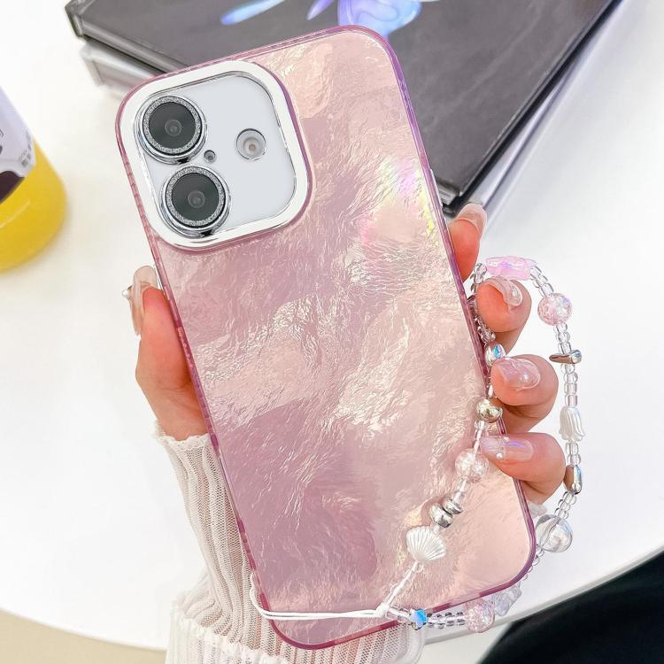 For iPhone 16 Plus Plating Glitter Texture Chain Wristband TPU Phone Case with Lens Film(Pink Tinfoil Texture) - iPhone 16 Plus Cases by buy2fix | Online Shopping UK | buy2fix