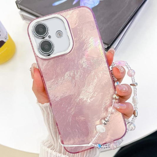 For iPhone 16 Plus Plating Glitter Texture Chain Wristband TPU Phone Case with Lens Film(Pink Tinfoil Texture) - iPhone 16 Plus Cases by buy2fix | Online Shopping UK | buy2fix