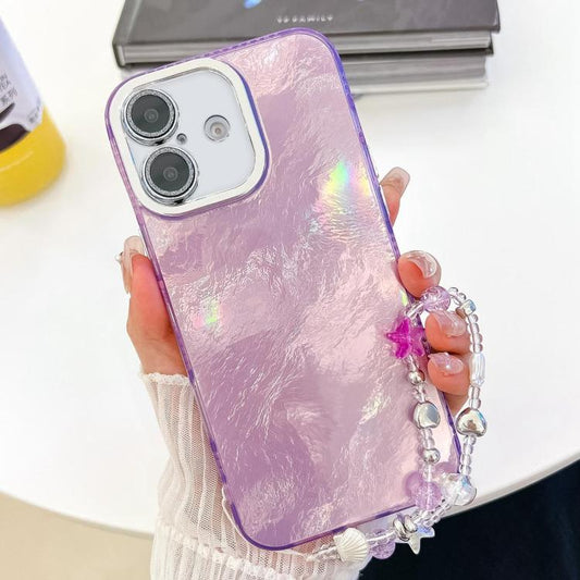 For iPhone 16 Plus Plating Glitter Texture Chain Wristband TPU Phone Case with Lens Film(Purple Tinfoil Texture) - iPhone 16 Plus Cases by buy2fix | Online Shopping UK | buy2fix