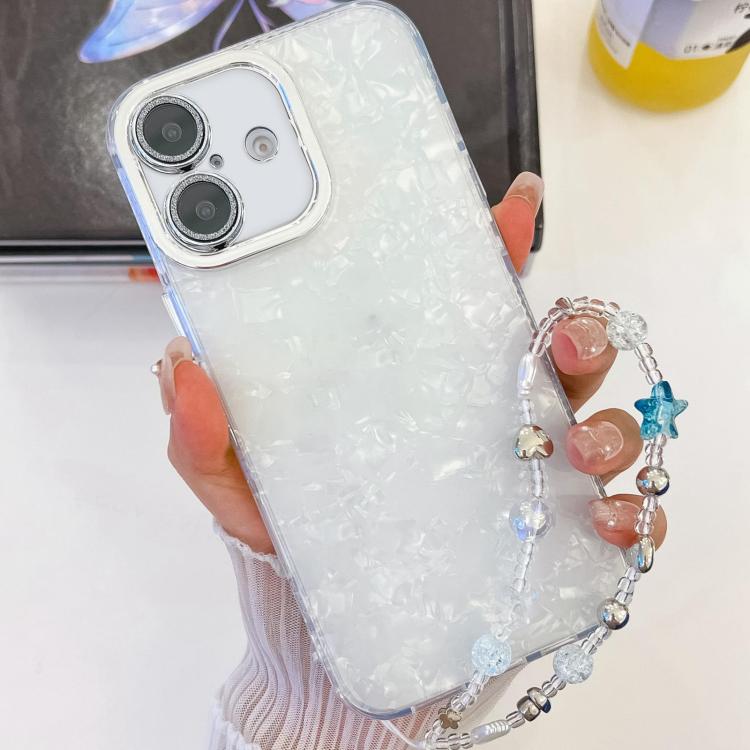 For iPhone 16 Plating Glitter Texture Chain Wristband TPU Phone Case with Lens Film(White Shell Pattern) - iPhone 16 Cases by buy2fix | Online Shopping UK | buy2fix