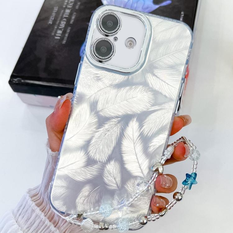For iPhone 16 Plating Glitter Texture Chain Wristband TPU Phone Case with Lens Film(White Feathers) - iPhone 16 Cases by buy2fix | Online Shopping UK | buy2fix