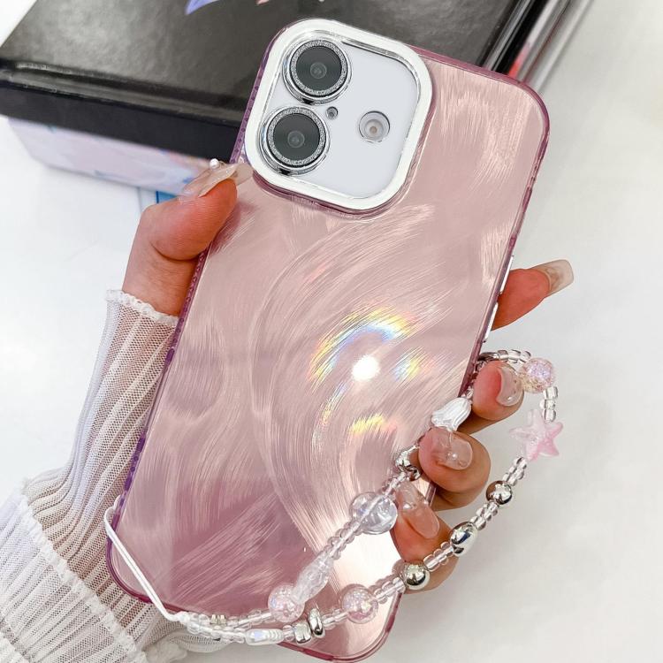 For iPhone 16 Plating Glitter Texture Chain Wristband TPU Phone Case with Lens Film(Pink Feather Yarn) - iPhone 16 Cases by buy2fix | Online Shopping UK | buy2fix
