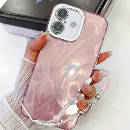 For iPhone 16 Plating Glitter Texture Chain Wristband TPU Phone Case with Lens Film(Pink Feather Yarn) - iPhone 16 Cases by buy2fix | Online Shopping UK | buy2fix