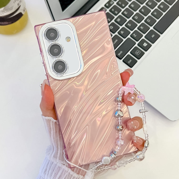 For Samsung Galaxy S25 5G Plating Glitter Texture Chain Wristband TPU Phone Case with Lens Film(Pink Water Ripples) by buy2fix