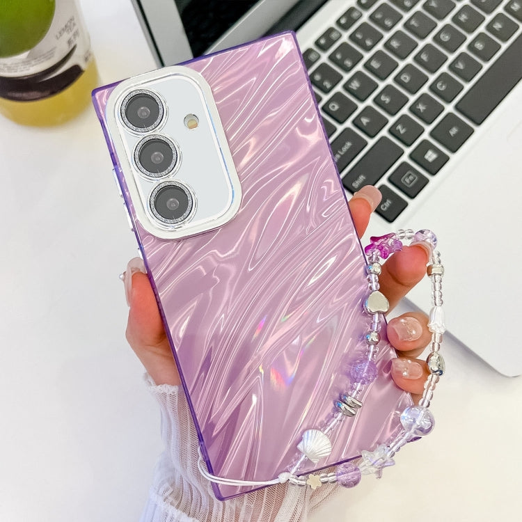 For Samsung Galaxy S25 5G Plating Glitter Texture Chain Wristband TPU Phone Case with Lens Film(Purple Water Ripples) by buy2fix