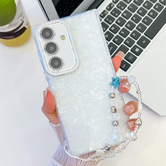 For Samsung Galaxy S25 5G Plating Glitter Texture Chain Wristband TPU Phone Case with Lens Film(White Shell Pattern) by buy2fix