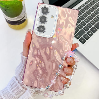 For Samsung Galaxy S25 5G Plating Glitter Texture Chain Wristband TPU Phone Case with Lens Film(Pink Wrinkles) by buy2fix