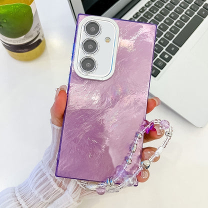 For Samsung Galaxy S25 5G Plating Glitter Texture Chain Wristband TPU Phone Case with Lens Film(Purple Tinfoil Texture) by buy2fix
