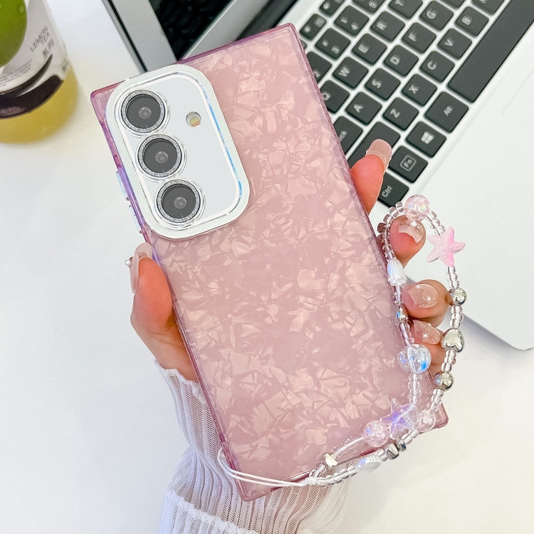 For Samsung Galaxy S25+ 5G Plating Glitter Texture Chain Wristband TPU Phone Case with Lens Film(Pink Shell Pattern) by buy2fix