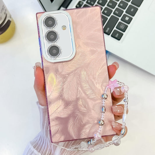 For Samsung Galaxy S25+ 5G Plating Glitter Texture Chain Wristband TPU Phone Case with Lens Film(Pink Feathers) by buy2fix