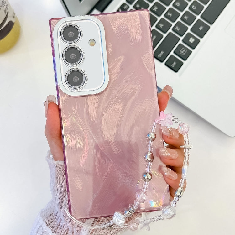 For Samsung Galaxy S25+ 5G Plating Glitter Texture Chain Wristband TPU Phone Case with Lens Film(Pink Feather Yarn) by buy2fix