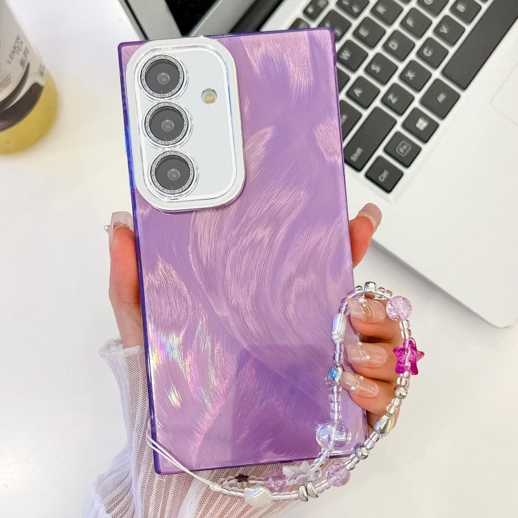 For Samsung Galaxy S25+ 5G Plating Glitter Texture Chain Wristband TPU Phone Case with Lens Film(Purple Feather Yarn) by buy2fix