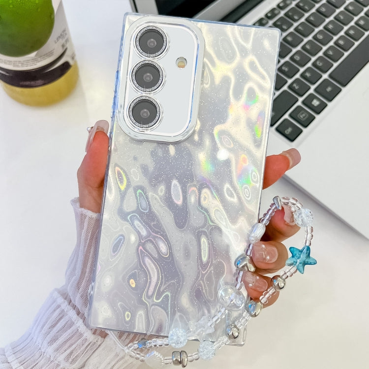 For Samsung Galaxy S25+ 5G Plating Glitter Texture Chain Wristband TPU Phone Case with Lens Film(White Wrinkles) by buy2fix
