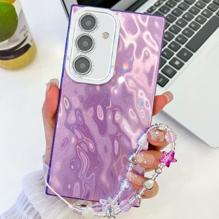 For Samsung Galaxy S25+ 5G Plating Glitter Texture Chain Wristband TPU Phone Case with Lens Film(Purple Wrinkles) by buy2fix