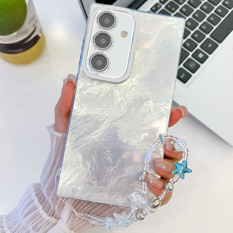 For Samsung Galaxy S25+ 5G Plating Glitter Texture Chain Wristband TPU Phone Case with Lens Film(White Tinfoil Texture) by buy2fix