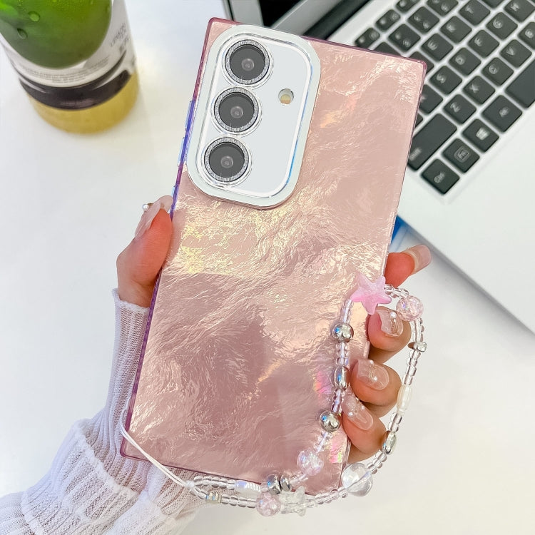 For Samsung Galaxy S25+ 5G Plating Glitter Texture Chain Wristband TPU Phone Case with Lens Film(Pink Tinfoil Texture) by buy2fix