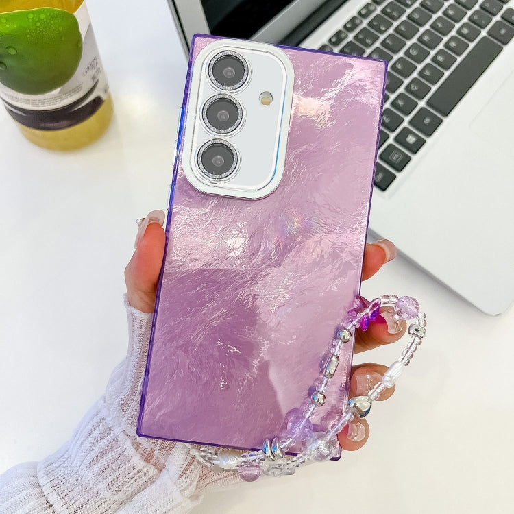 For Samsung Galaxy S25+ 5G Plating Glitter Texture Chain Wristband TPU Phone Case with Lens Film(Purple Tinfoil Texture) by buy2fix