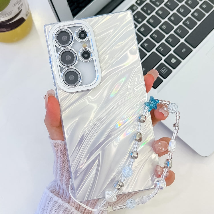 For Samsung Galaxy S25 Ultra 5G Plating Glitter Texture Chain Wristband TPU Phone Case with Lens Film(White Water Ripples) by buy2fix