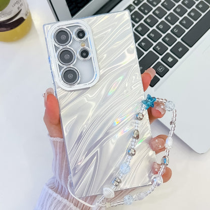 For Samsung Galaxy S25 Ultra 5G Plating Glitter Texture Chain Wristband TPU Phone Case with Lens Film(White Water Ripples) by buy2fix