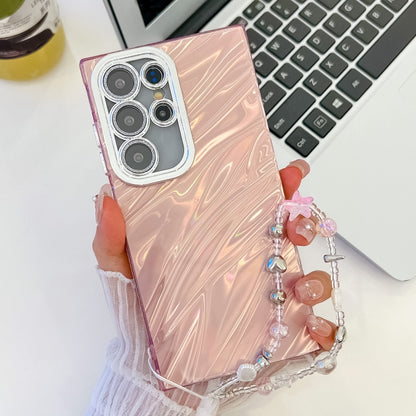 For Samsung Galaxy S25 Ultra 5G Plating Glitter Texture Chain Wristband TPU Phone Case with Lens Film(Pink Water Ripples) by buy2fix
