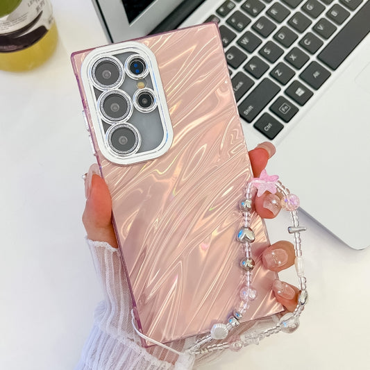 For Samsung Galaxy S25 Ultra 5G Plating Glitter Texture Chain Wristband TPU Phone Case with Lens Film(Pink Water Ripples) by buy2fix