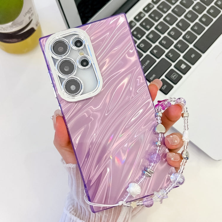 For Samsung Galaxy S25 Ultra 5G Plating Glitter Texture Chain Wristband TPU Phone Case with Lens Film(Purple Water Ripples) by buy2fix