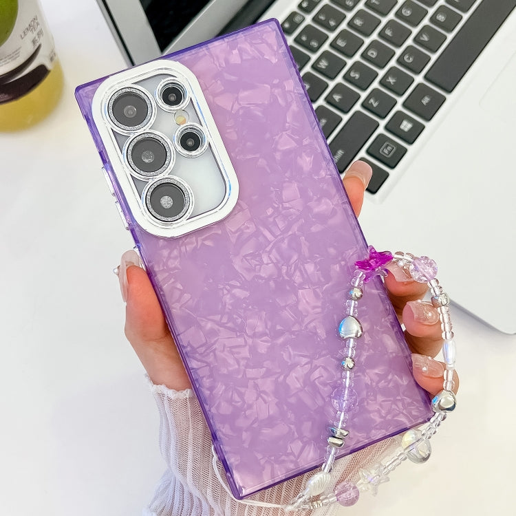 For Samsung Galaxy S25 Ultra 5G Plating Glitter Texture Chain Wristband TPU Phone Case with Lens Film(Purple Shell Pattern) by buy2fix