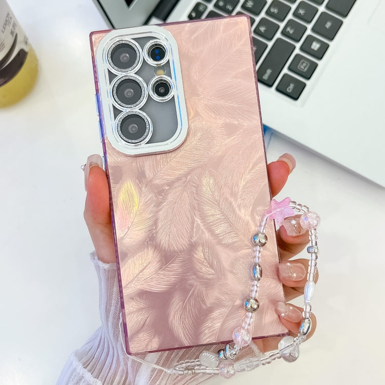 For Samsung Galaxy S25 Ultra 5G Plating Glitter Texture Chain Wristband TPU Phone Case with Lens Film(Pink Feathers) by buy2fix