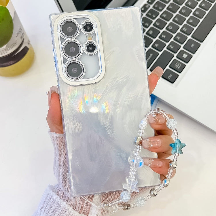 For Samsung Galaxy S25 Ultra 5G Plating Glitter Texture Chain Wristband TPU Phone Case with Lens Film(White Feather Yarn) by buy2fix